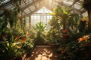 Fototapeta na wymiar Sunlit greenhouse filled with tropical plant (Ai generated)