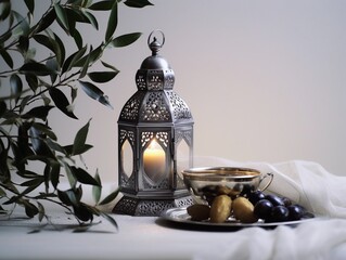 Ramadan Kareem lantern. Glowing ornamental lantern. Olive tree branches in silver jug, vase. Date fruit, silver tray. Iftar dinner. Eid mubarak, Eid ul Fitr holiday celebration. Copy space