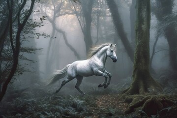 Obraz na płótnie Canvas Horse gallop through a misty forest (Ai generated)