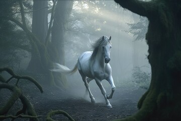 Obraz na płótnie Canvas Horse gallop through a misty forest (Ai generated)