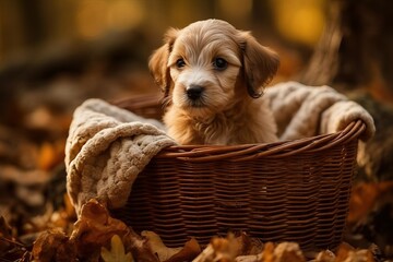 Adorable puppy in a basket, Cute dog (Ai generated)