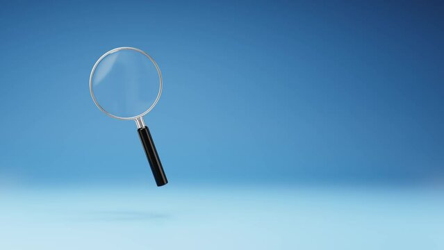 Magnifier Glass Spinning on a Studio Blue Background, Seamless Loop 3D Animation with Copy Space