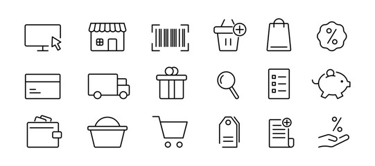 E-commerce icons set. Outline business icons. Online marketing pictogram. E commerce symbol. Web shopping sign. Outline business sign. Online marketing icon in vector. Stock illustration