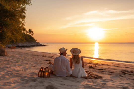 newlywed couple in white enjoying sunset on the sandy tropical beach. Travel and honeymoon concept. High quality photo Generative AI