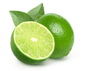Natural fresh lime and half with green leaf isolated on a white background cut out.