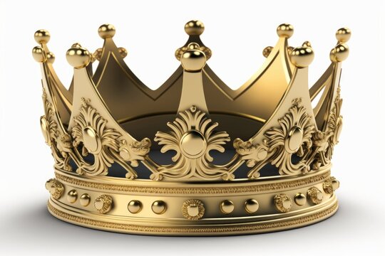 Classic gold crown close-up, isolated on white background