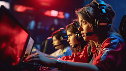 Woman Immersed in Esports, Wearing Headphones, and Engrossed in Gameplay on Screen Monitor. created with Generative AI