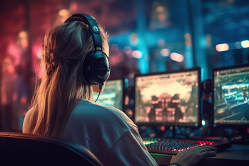 Obraz premium Woman Immersed in Esports, Wearing Headphones, and Engrossed in Gameplay on Screen Monitor. created with Generative AI