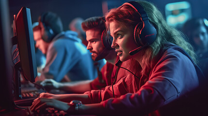 Woman Immersed in Esports, Wearing Headphones, and Engrossed in Gameplay on Screen Monitor. created with Generative AI