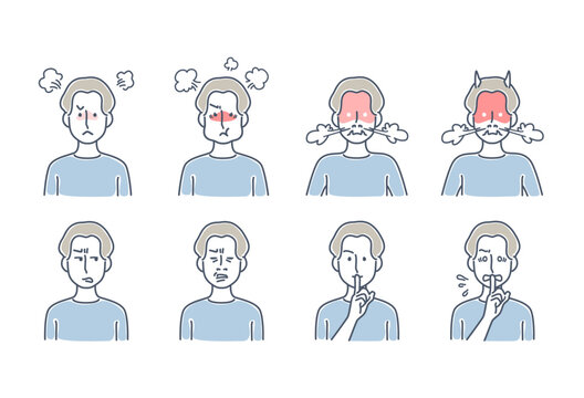 色々な感情や表情の男性アイコン（怒る、怒り、内緒、焦る、嫌がる）