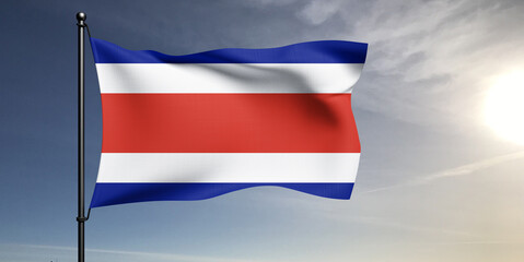 Costa Rica national flag cloth fabric waving on beautiful grey sky Background.