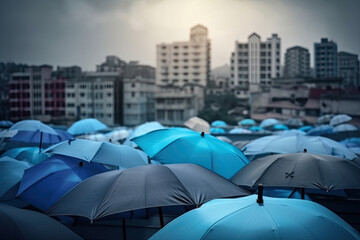 Crowd with umbrellas during bad weather in the background of city, created with Generative AI