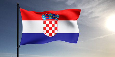 Croatia national flag cloth fabric waving on beautiful grey sky Background.