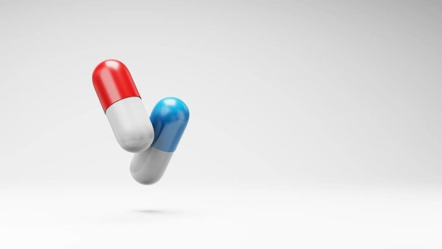Red and Blue Pills Spinning on a Studio Light Gray Background, Seamless Loop 3D Animation with Copy Space