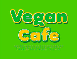 Vector eco Banner Vegan Cafe. Green and Yellow bright Font. Creative Alphabet Letters, Numbers and Symbols set
