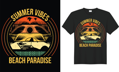 Summer vibes beach paradise typography vector t-shirt design. Perfect for print items and bags, mug, template, sticker, banner. Handwritten vector illustration. Isolated on black background.