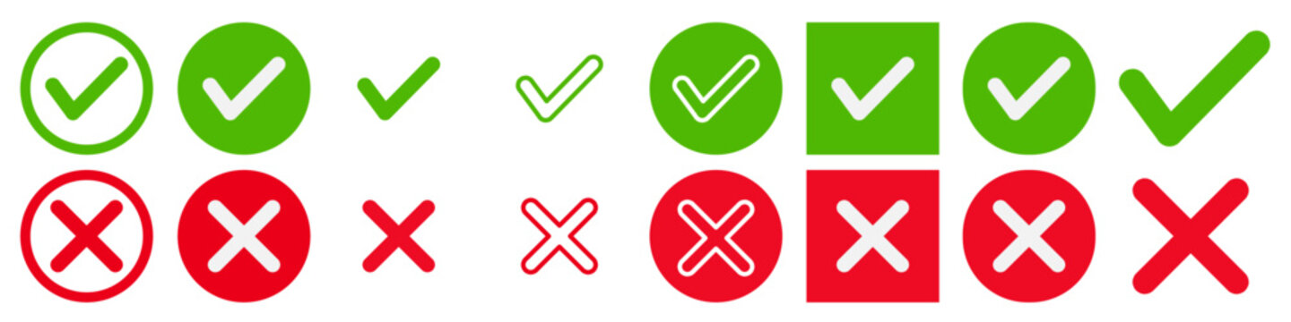 Set of green approval check mark and red cross icons in circle, square, flat checkmark approval badge, isolated tick symbols on transperancy background