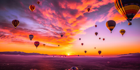 Naklejka premium Captivating aerial shot of hot air balloons amid vibrant sunrise; warm hues of orange, rose, and purple sweep the sky, delivering a dreamy, awe-inspiring atmosphere. Generative AI