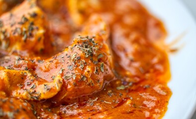 close up photo of some chicken tikka on a plate