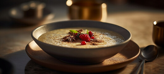 Porridge with fruits and spices served in a luxurious restaurant. Generative AI. 