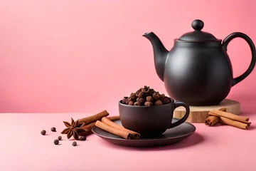 Foto op Aluminium dried cloves, cinnamon and teapot isolated on pink background © Beste stock