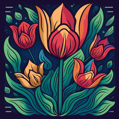 Fototapeta na wymiar Illustration of Tulips Growing in Field. Generative ai