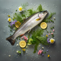 Obraz na płótnie Canvas Illustration of Trout Fish with Lemon and Fresh Herbs Around. Generative ai