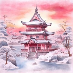 Watercolor beautiful pink snow scene from japan Generataive Ai