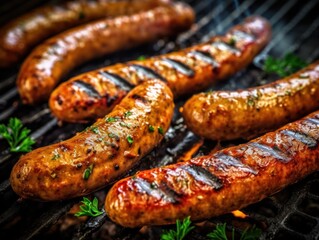 Grilled sausages food grilling. Generative AI