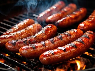 Fototapeta premium Grilled sausages food grilling. Generative AI