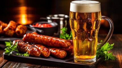 Grilled sausages and cold beer. Generative AI