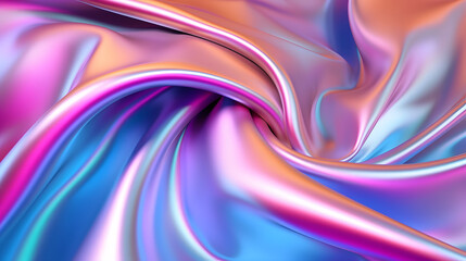 Abstract colorful smooth wavy elegant holographic silk cloth texture design, dynamic shiny luxury metallic satin fabric wave background.