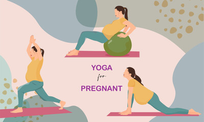 Yoga for pregnant woman. three pregnant women doing yoga. card, poster. background with abstract shapes. 