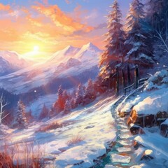 Fototapeta na wymiar watercolor winter landscape mountain Generative Ai