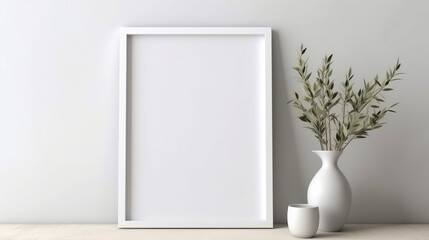Blank picture frame mockup in white scandinavian interior. AI