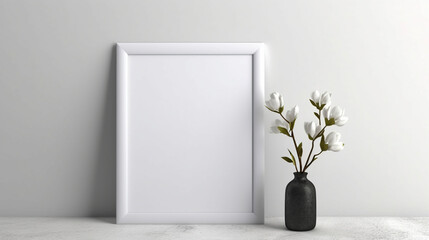 Blank picture frame mockup in white scandinavian interior. AI