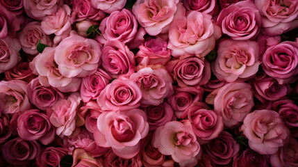 Obraz na płótnie Canvas Pink roses flat lay wallpaper. AI 