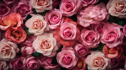 Obraz na płótnie Canvas Pink roses flat lay wallpaper. AI 