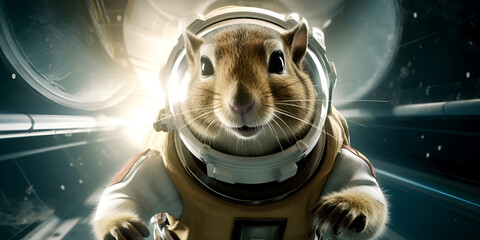 Chipmunk character astronaut inside space station.  AI generative