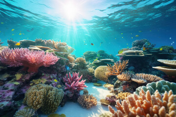 Naklejka na ściany i meble Under blue sea and colorful coral background. Summer and environment concept. Generative ai.