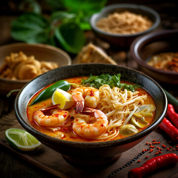 Laksa Sarawak, popular dish of Malaysia, noodle, spicy with coconut milk