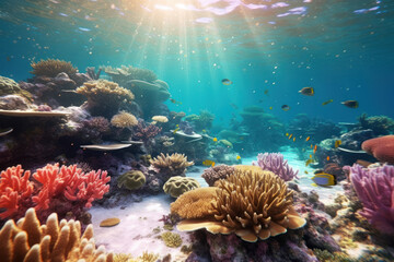 Fototapeta na wymiar Under blue sea and colorful coral background. Summer and environment concept. Generative ai.