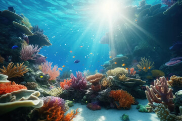 Fototapeta na wymiar Under blue sea and colorful coral background. Summer and environment concept. Generative ai.
