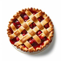 Overhead View of Delicious Cherry Pie on a White Background Generative AI - obrazy, fototapety, plakaty