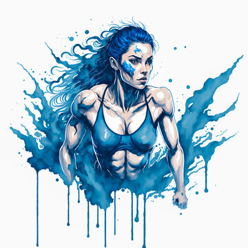 Woman swimmer front view, in blue watercolor painting, with splashes and drips of paint, created with generative AI