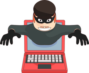 A thief comes out of a laptop screen. A hacker hacked into a computer and reaches for the money.