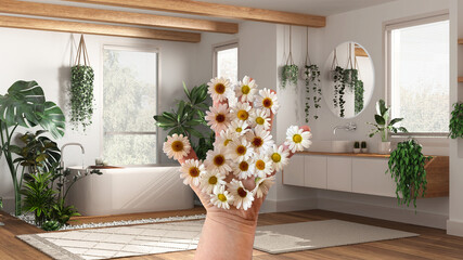 Woman's hand holding daisies, spring and flowers idea, over modern bathroom with bathtub and many houseplants, urban jungle interior design