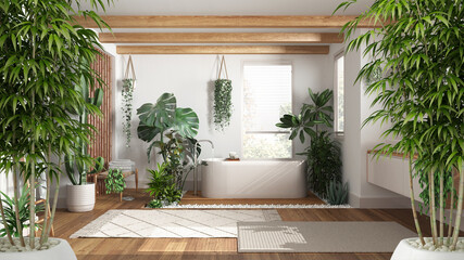Zen interior with potted bamboo plant, natural interior design concept, wooden bathroom with freestanding bathtub and washbasin, urban jungle, interior design idea
