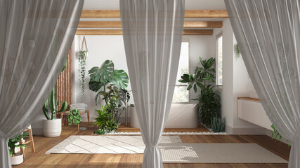White openings curtains overlay modern bathroom with houseplants, interior design, clipping path, vertical folds, soft tulle textile texture, stage concept with copy space