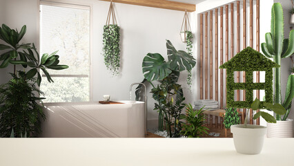 White table top or shelf with green plant in pot shaped like house, modern bathroom with bathtub and many houseplants, interior design, urban jungle, eco architecture concept idea